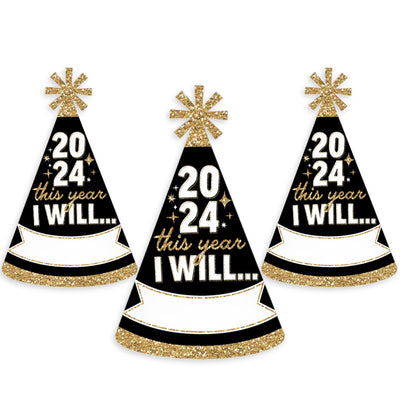 Hello New Year - Cone Party Hats - 2024 NYE Resolution Cone Party Hat For Kids And Adults - Set of 8 (Standard Size)