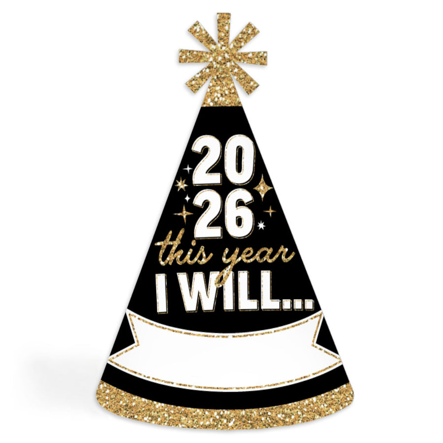 Black party hat with gold glitter, '2026 this year I will...', and decorative elements on a white background.