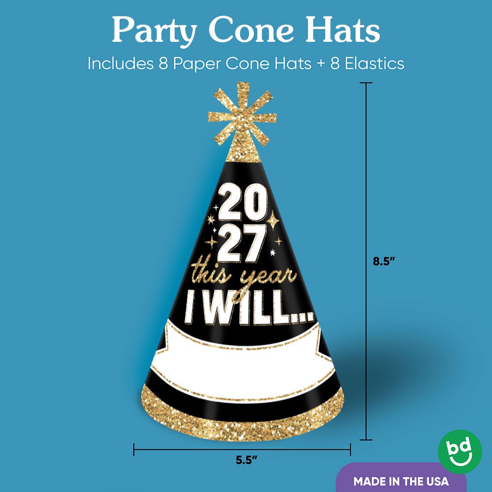 Hello New Year Cone Hats - 8 Ct