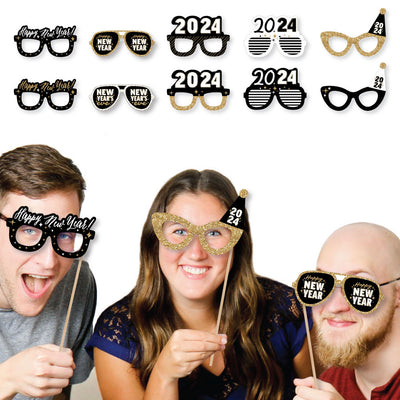 Hello New Year Glasses - Paper Card Stock 2024 NYE Party Photo Booth Props Kit - 10 Count