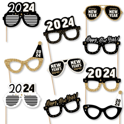 Hello New Year Glasses - Paper Card Stock 2024 NYE Party Photo Booth Props Kit - 10 Count