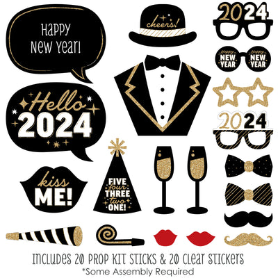 Hello New Year - 2024 NYE Party Photo Booth Props Kit - 20 Count
