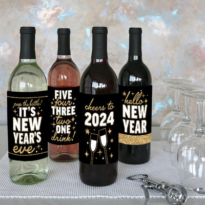 Hello New Year - 2024 NYE Party Decorations For Women And Men - Wine Bottle Label Stickers - Set of 4