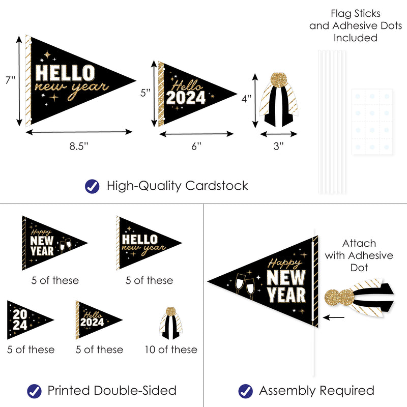 Hello New Year - Triangle 2024 NYE Party Photo Props - Pennant Flag Centerpieces - Set of 20