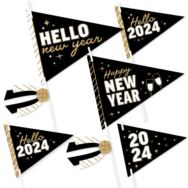 Hello New Year - Triangle 2024 NYE Party Photo Props - Pennant Flag Centerpieces - Set of 20