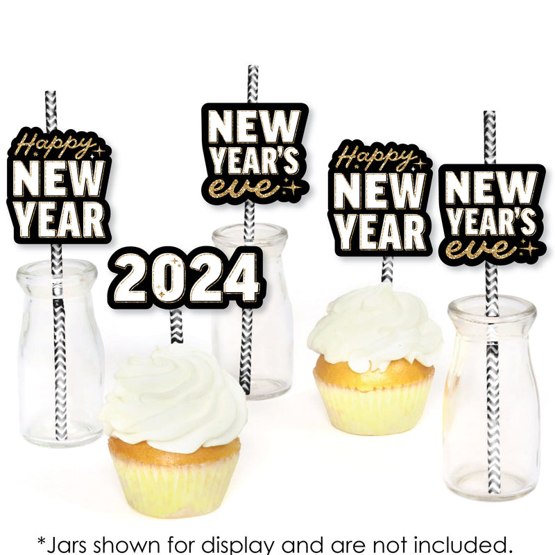 Hello New Year - Paper Straw Decor - 2024 NYE Party Striped Decorative Straws - Set of 24
