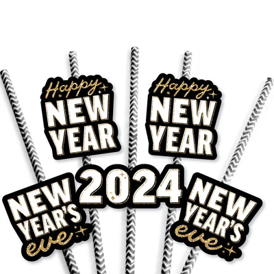 Hello New Year - Paper Straw Decor - 2024 NYE Party Striped Decorative Straws - Set of 24