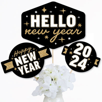 Hello New Year - 2024 NYE Party Centerpiece Sticks - Table Toppers - Set of 15