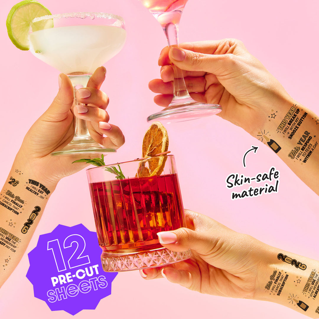 Three hands holding cocktails against a pink background with text about skin-safe material and pre-cut tattoo sheets.