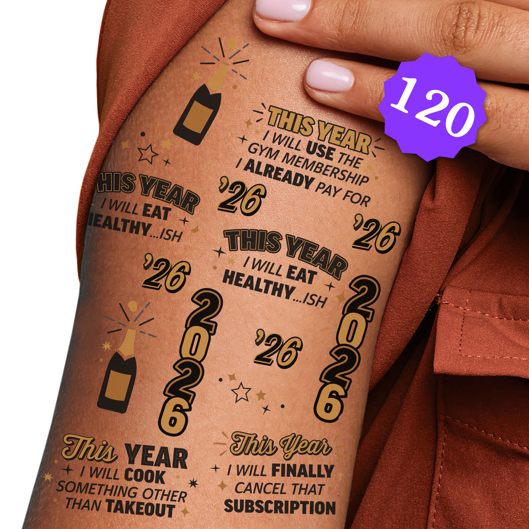 Tattoo on a person's arm with humorous New Year's resolutions, including the number 2026.