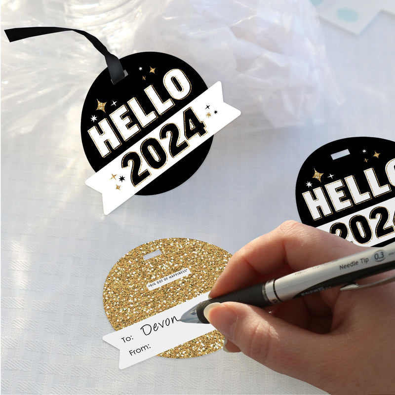 Hello New Year - 2024 NYE Party Clear Goodie Favor Bags - Treat Bags With Tags - Set of 12