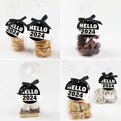 Hello New Year - 2024 NYE Party Clear Goodie Favor Bags - Treat Bags With Tags - Set of 12