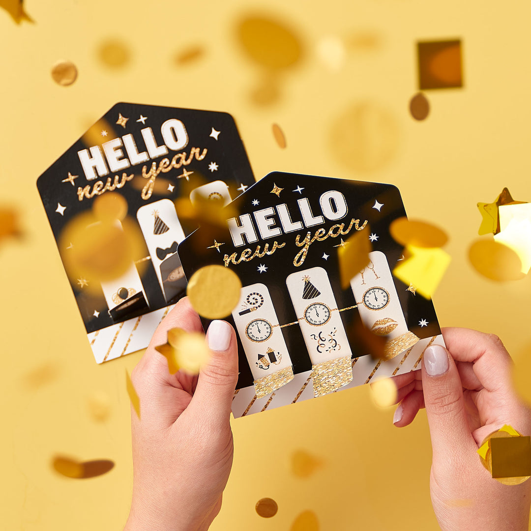 Hello New Year - NYE Party Game Pickle Cards - Pull Tabs 3-in-a-Row - Set of 12