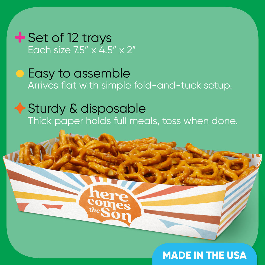 Set of 12 disposable paper trays with pretzels, featuring 'here comes the son' branding on a green background.