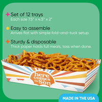 Set of 12 disposable paper trays with pretzels, featuring 'here comes the son' branding on a green background.