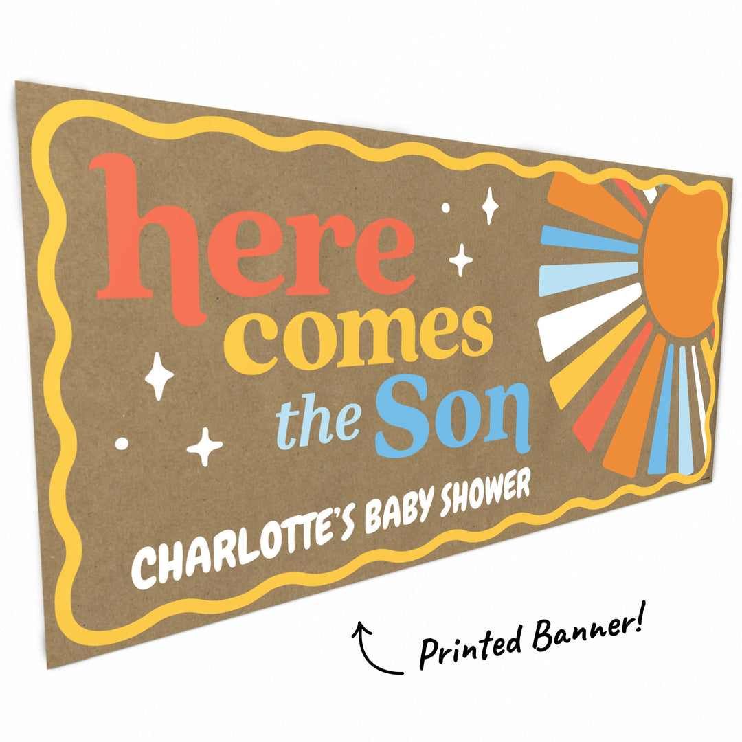 Retro sun graphic and sparkle accents close-up on kraft banner