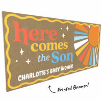 Retro sun graphic and sparkle accents close-up on kraft banner