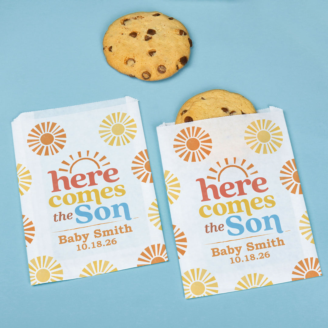 Custom Text Paper Treat Bags - Here Comes The Son - 25 Ct