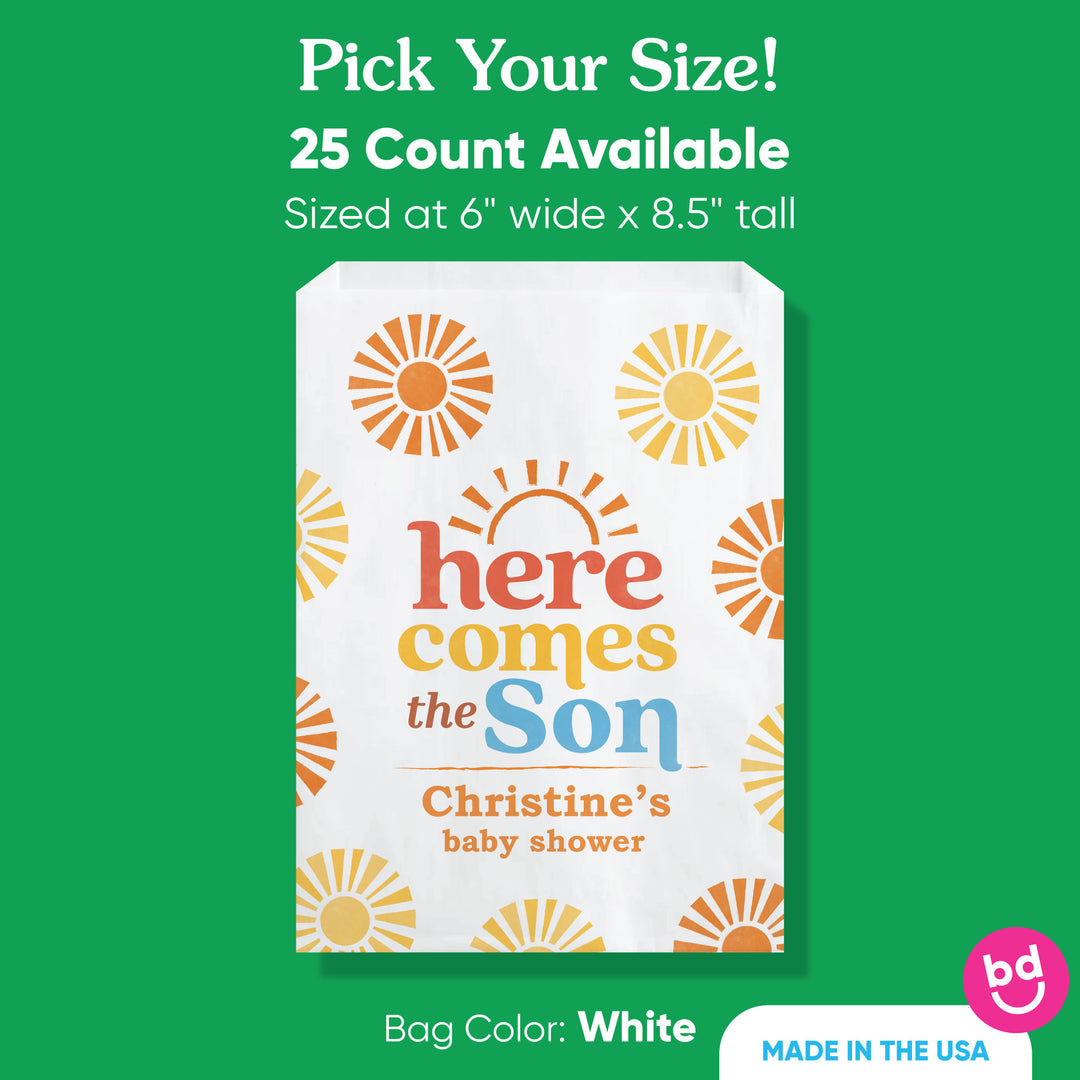 Custom Text Paper Treat Bags - Here Comes The Son - 25 Ct