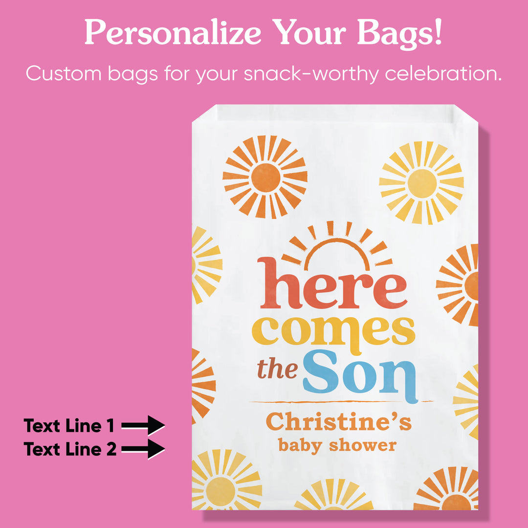 Custom Text Paper Treat Bags - Here Comes The Son - 25 Ct