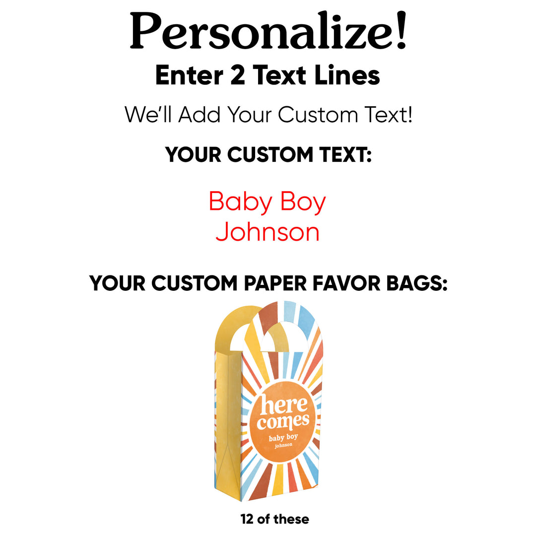 Custom Text Here Comes The Son Paper Favor Bags - 12 Ct