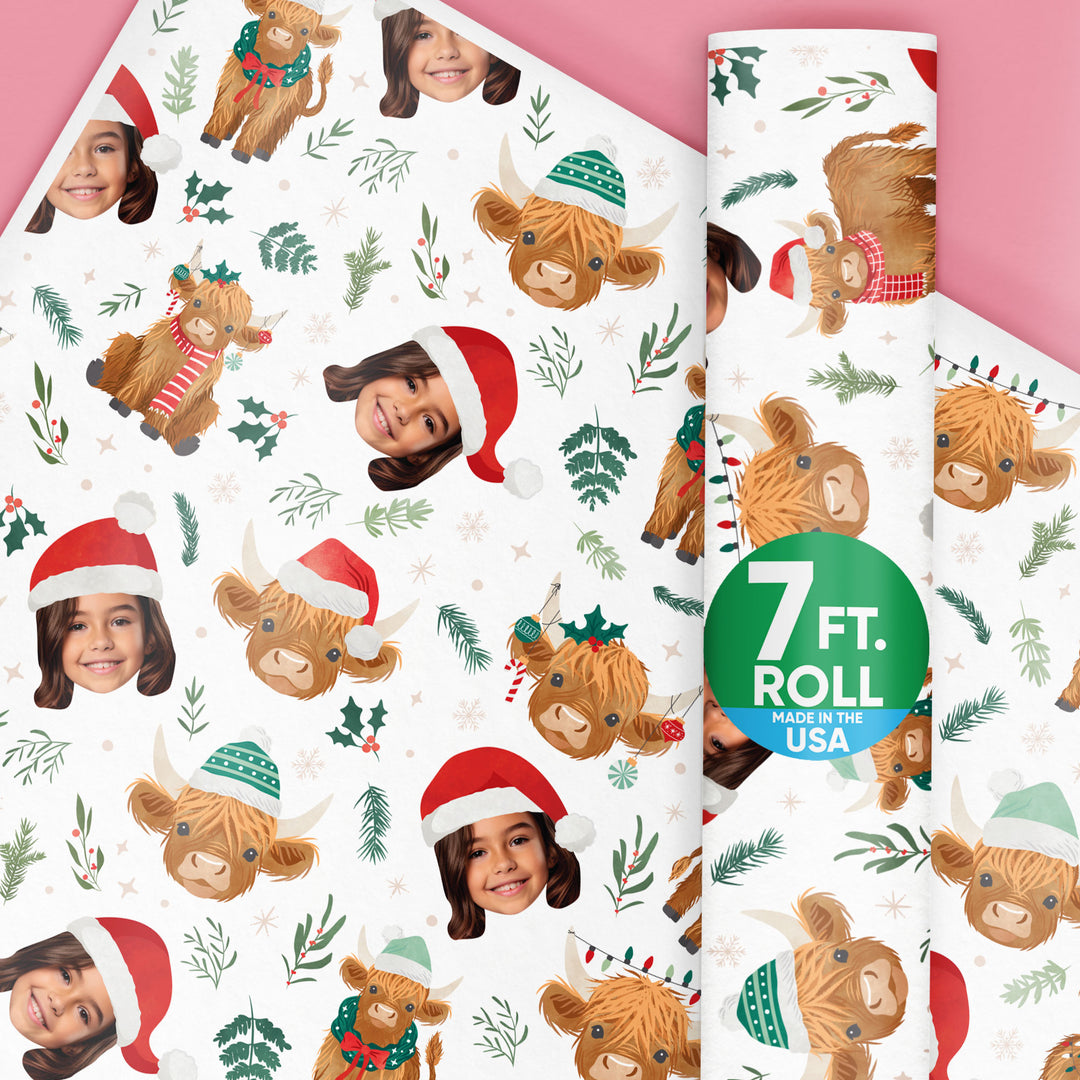 Custom Face Wrapping Paper - Highland Christmas Cow