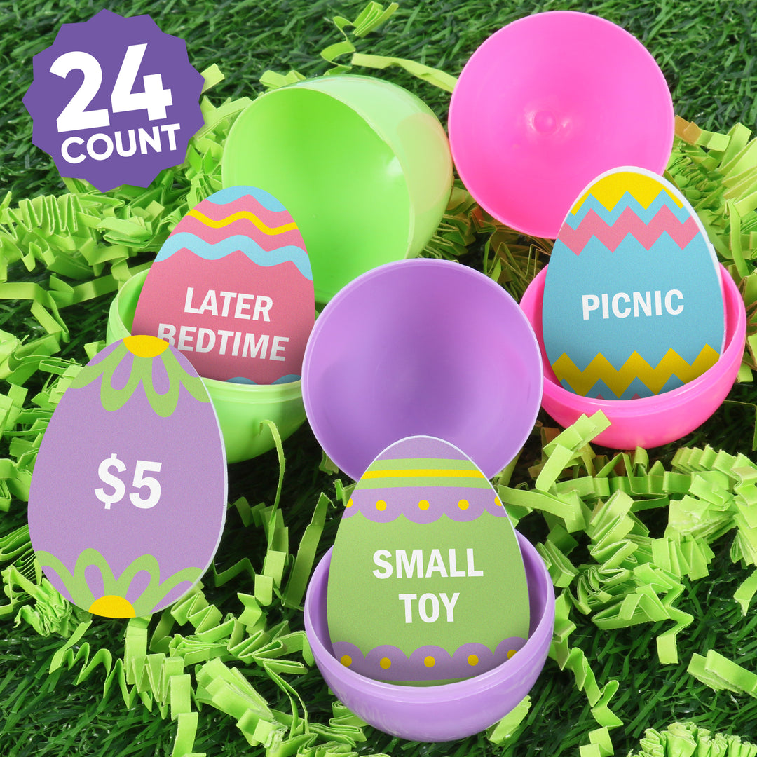 Kids Easter egg hunt with reusable reward tokens inside plastic eggs