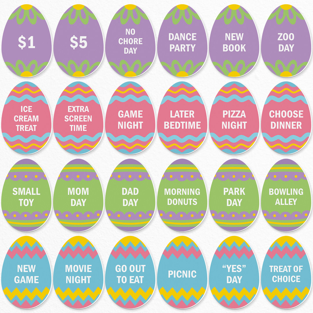 Full set of 24 Hippity Hoppity egg-shaped Easter reward tokens flat lay