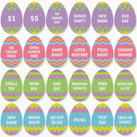 Full set of 24 Hippity Hoppity egg-shaped Easter reward tokens flat lay