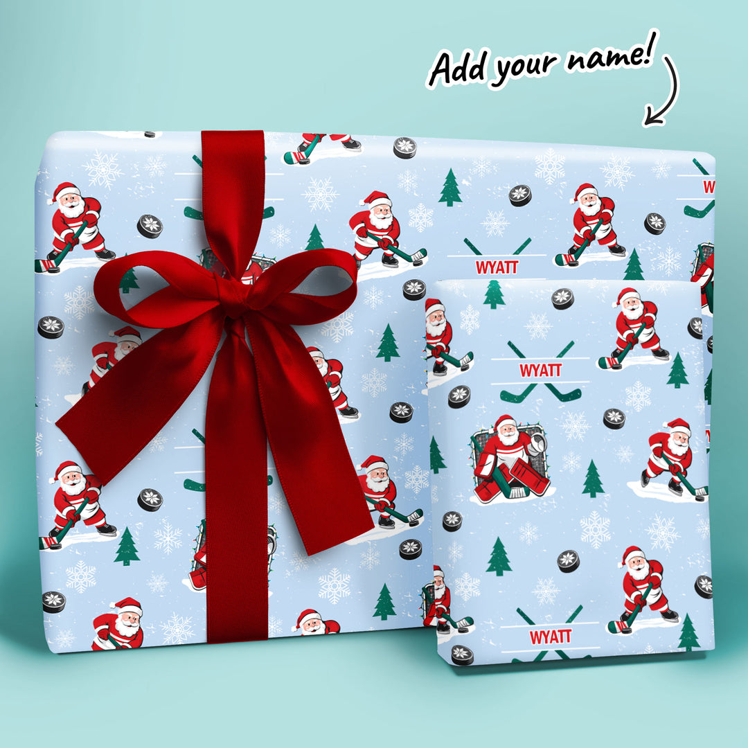 Custom Text Wrapping Paper - Hockey Santa
