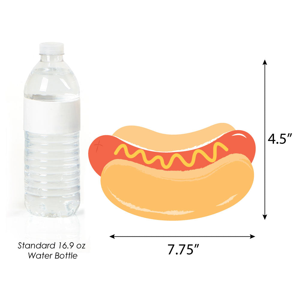 Measurement chart comparing a hot dog paper cutout to a standard 16.9 oz water bottle on a white background.
