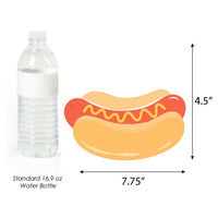 Measurement chart comparing a hot dog paper cutout to a standard 16.9 oz water bottle on a white background.