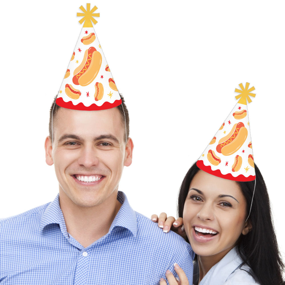 party guests wearing hot dog hats