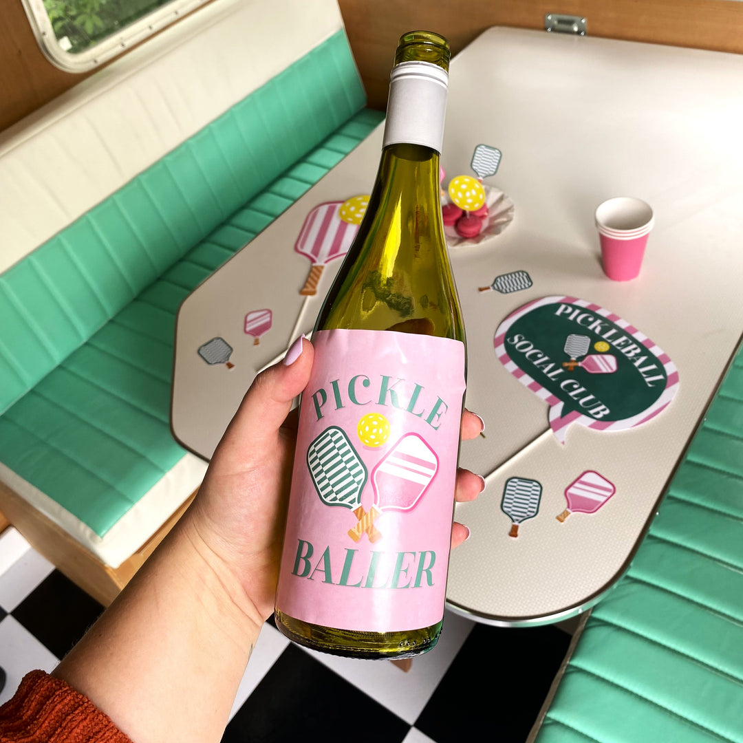 Pink Pickleball - Country Club Party Decorations for Women and Men - Wine Bottle Label Stickers - Set of 4