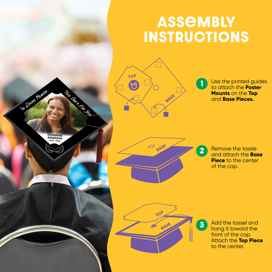 Graduation cap cover assembly instructions on a yellow background