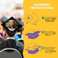Graduation cap cover assembly instructions on a yellow background
