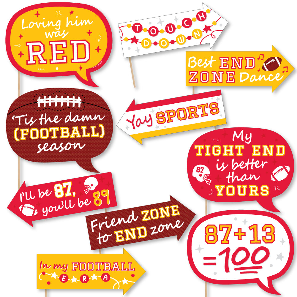 A set of 10 printed photo booth props in red and gold colors with football-themed phrases and props.