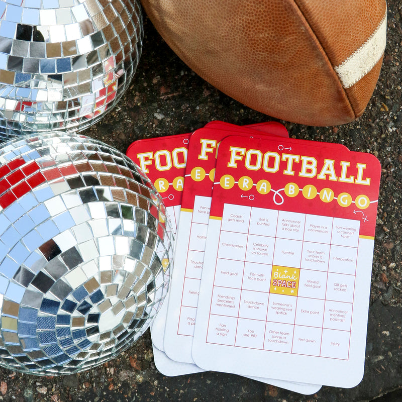 In My Football Era - Bingo Cards and Markers - Red and Gold Sports Party Bingo Game - Set of 18