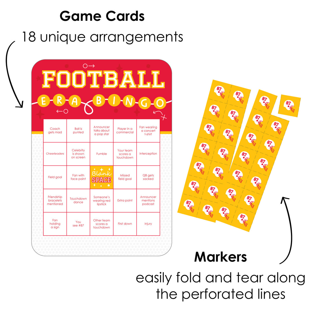 In My Football Era - Bingo Cards and Markers - Red and Gold Sports Party Bingo Game - Set of 18