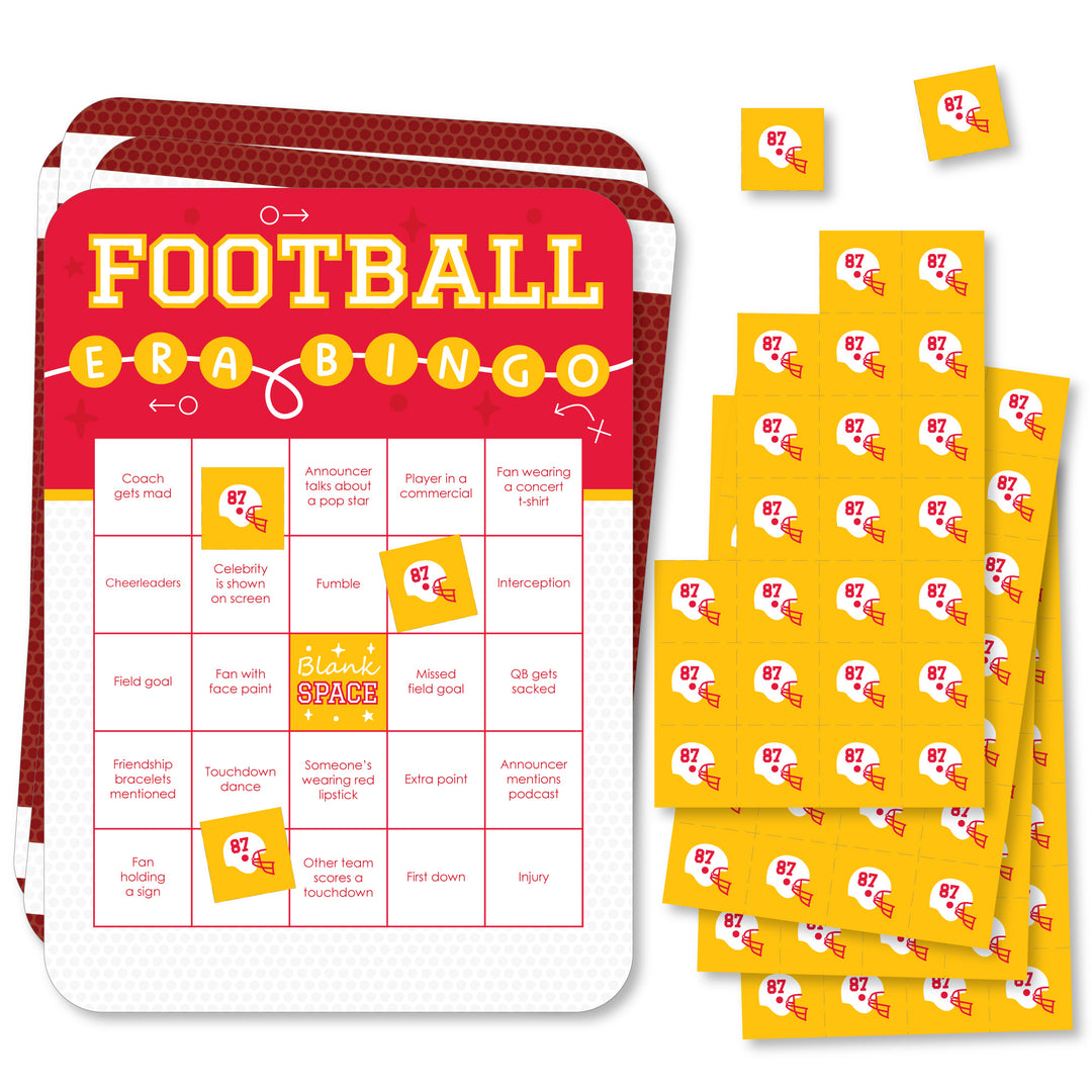 A set of bingo cards with a sports party theme, predominantly red and gold, including 18 game cards and perforated marker sheets.