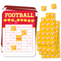 A set of bingo cards with a sports party theme, predominantly red and gold, including 18 game cards and perforated marker sheets.