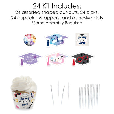 In My Grad Era - Cupcake Decoration - Graduation Party Cupcake Wrappers and Treat Picks Kit - Set of 24
