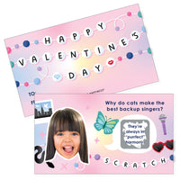 A set of Personalized Valentine's Day scratch-off cards with 'Happy Valentine's Day' text, pop-star themed jokes, and a custom photo cutout. The cards are pink with colorful decorations and have a 'Why do cats make the best backup singers? They're always in perfect harmony.