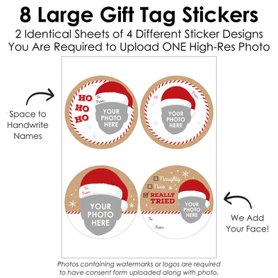 Custom Photo Jolly Santa Claus - Christmas Party Round To and From Gift Tags - Fun Face Large Stickers - Set of 8