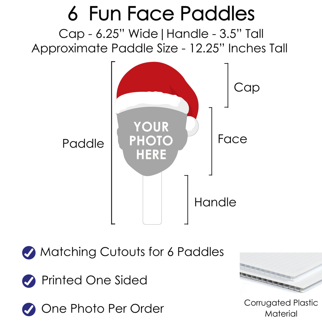 Custom Photo Jolly Santa Claus - Christmas Party Head Cut Out Photo Booth and Fan Props - Fun Face Cutout Paddles - Set of 6