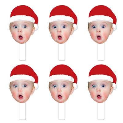 Custom Photo Jolly Santa Claus - Christmas Party Head Cut Out Photo Booth and Fan Props - Fun Face Cutout Paddles - Set of 6