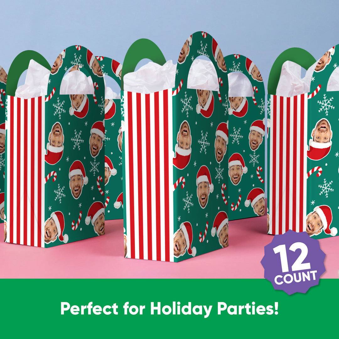 Custom Face Jolly Santa Claus Paper Favor Bags - 12 Ct