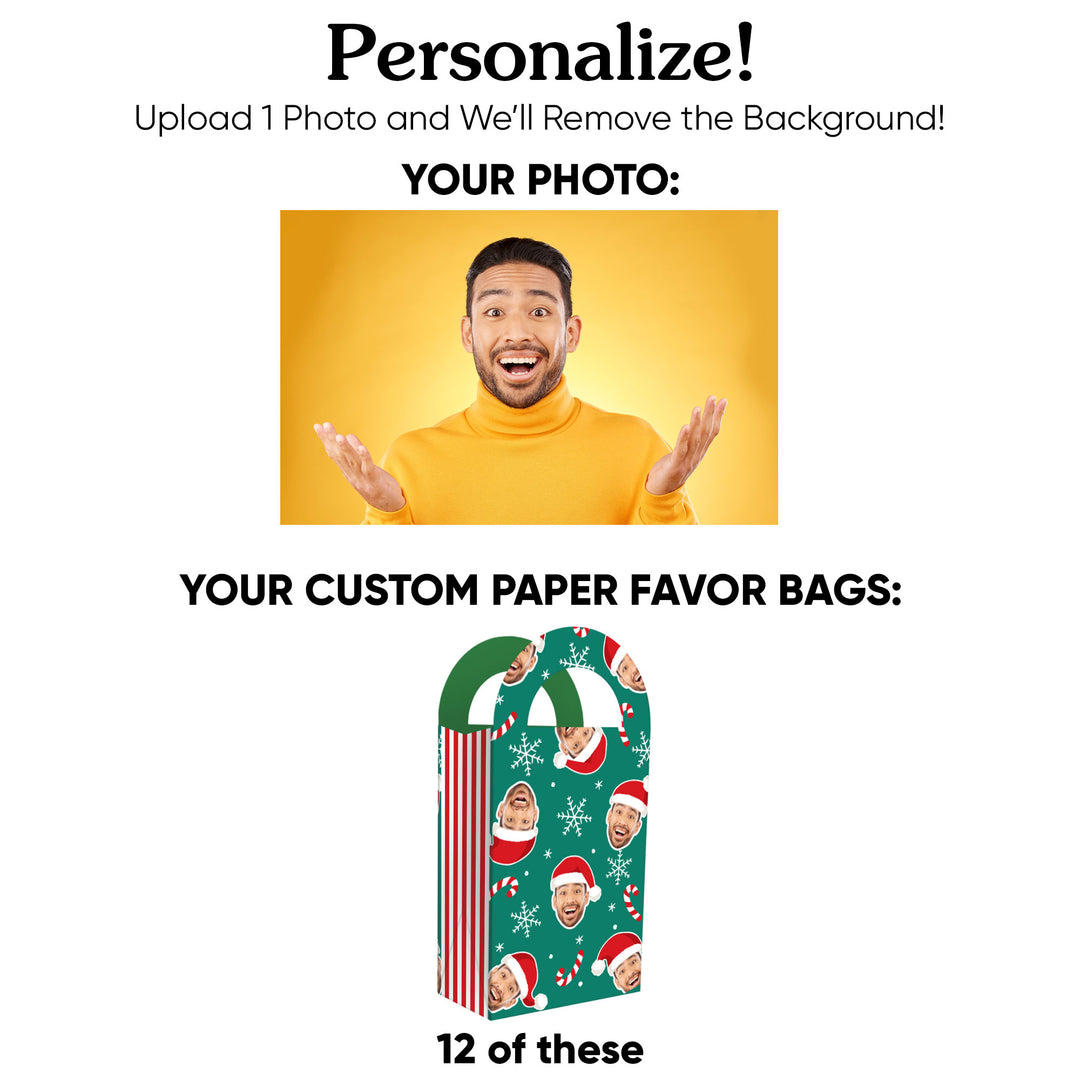 Custom Face Jolly Santa Claus Paper Favor Bags - 12 Ct