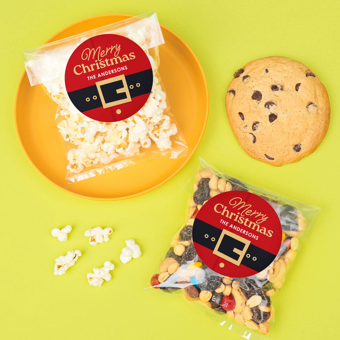 Custom Text Stickers & Clear Cookie Bags - Jolly Santa - 25 Ct