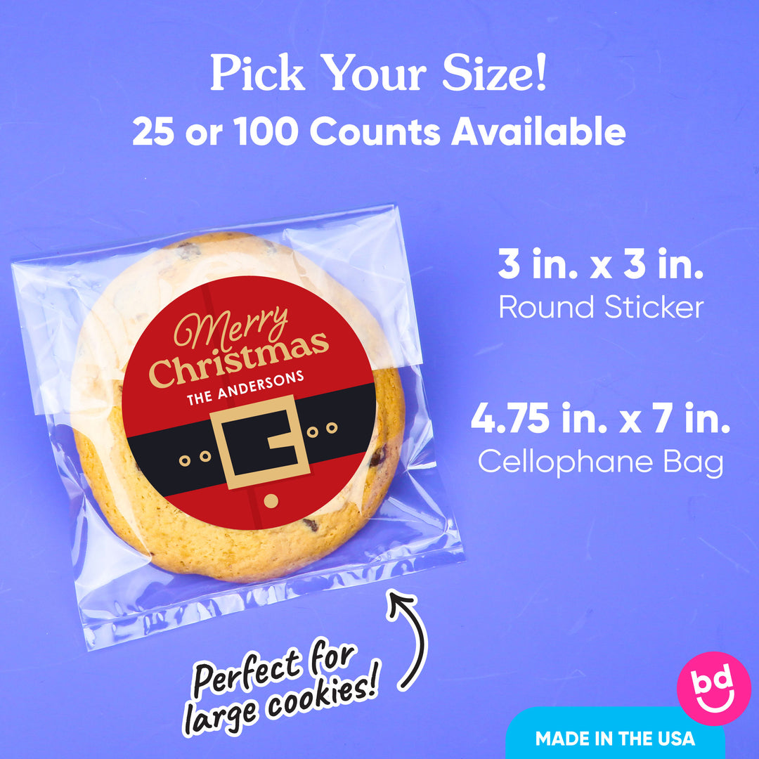 Custom Text Stickers & Clear Cookie Bags - Jolly Santa - 25 Ct